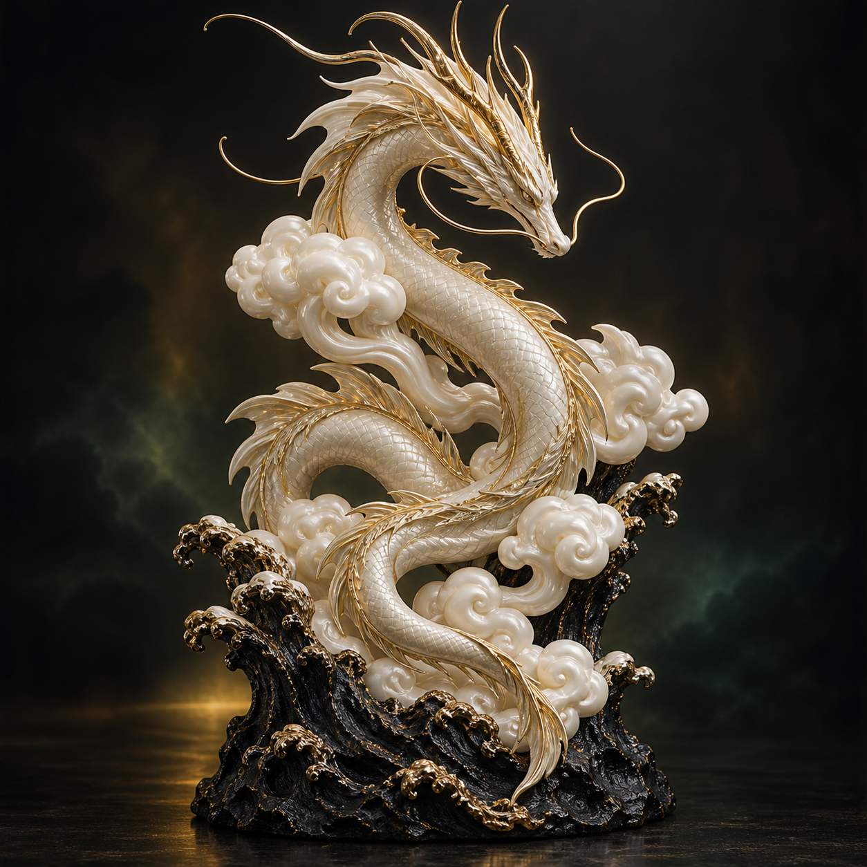 Original white-and-gold cloud-serpent collectible representing wizard fandom